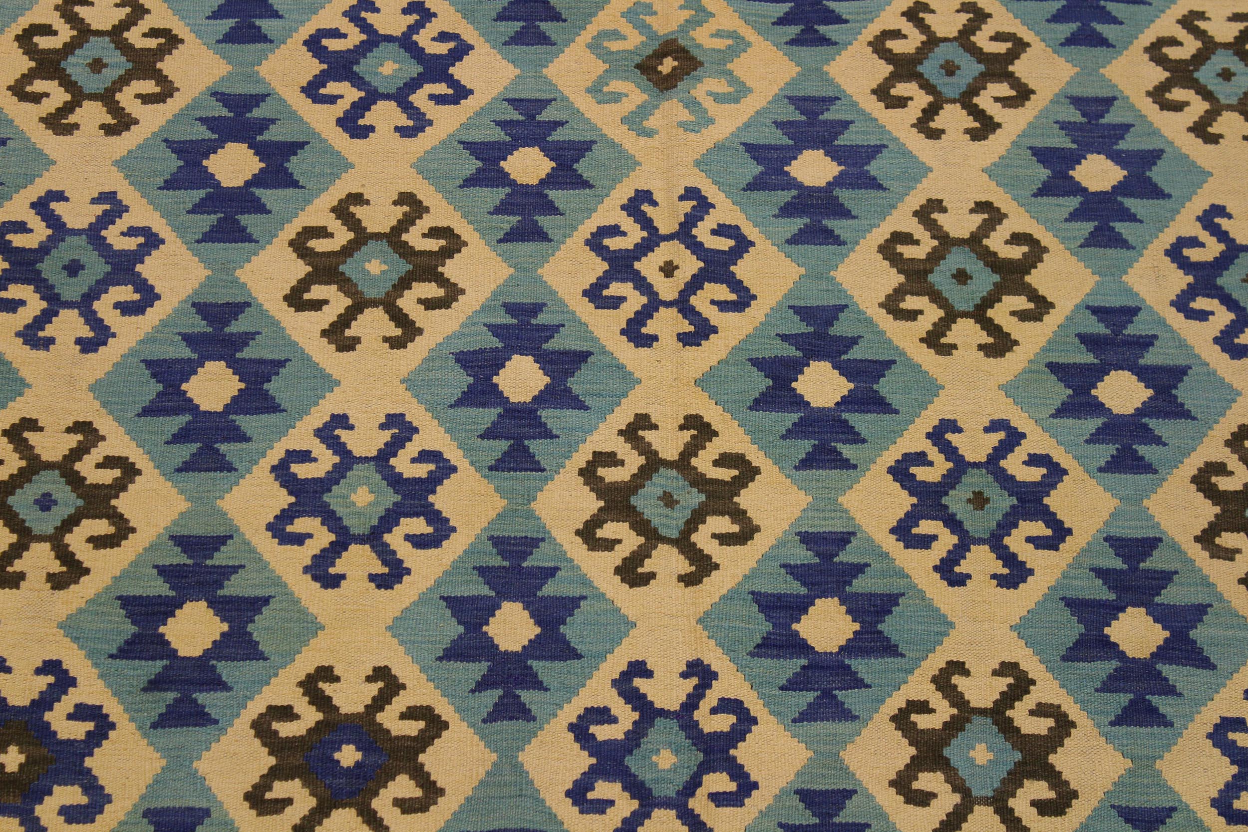 handmade Geometric Kilim Beige Blue Hand-Woven RECTANGLE 100% WOOL area rug 7 x 10