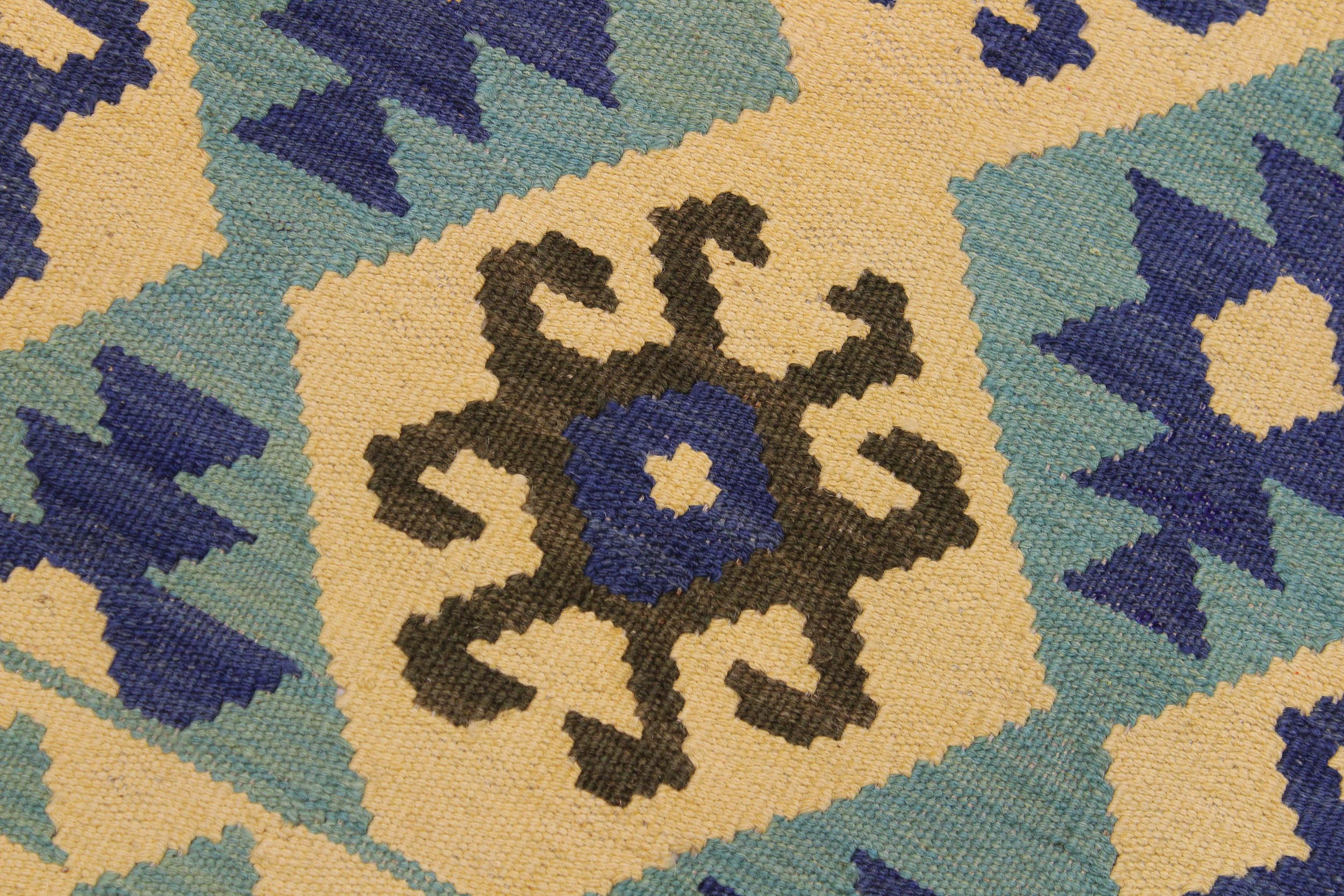 handmade Geometric Kilim Beige Blue Hand-Woven RECTANGLE 100% WOOL area rug 7 x 10