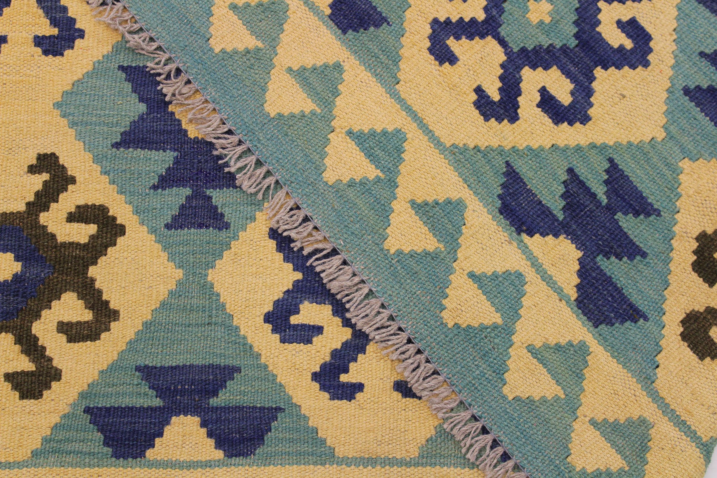handmade Geometric Kilim Beige Blue Hand-Woven RECTANGLE 100% WOOL area rug 7 x 10
