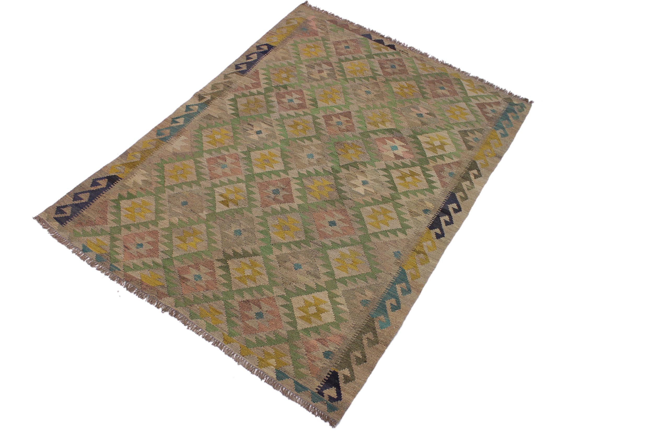 handmade Geometric Kilim Lt. Brown Blue Hand-Woven RECTANGLE 100% WOOL area rug 6 x 8