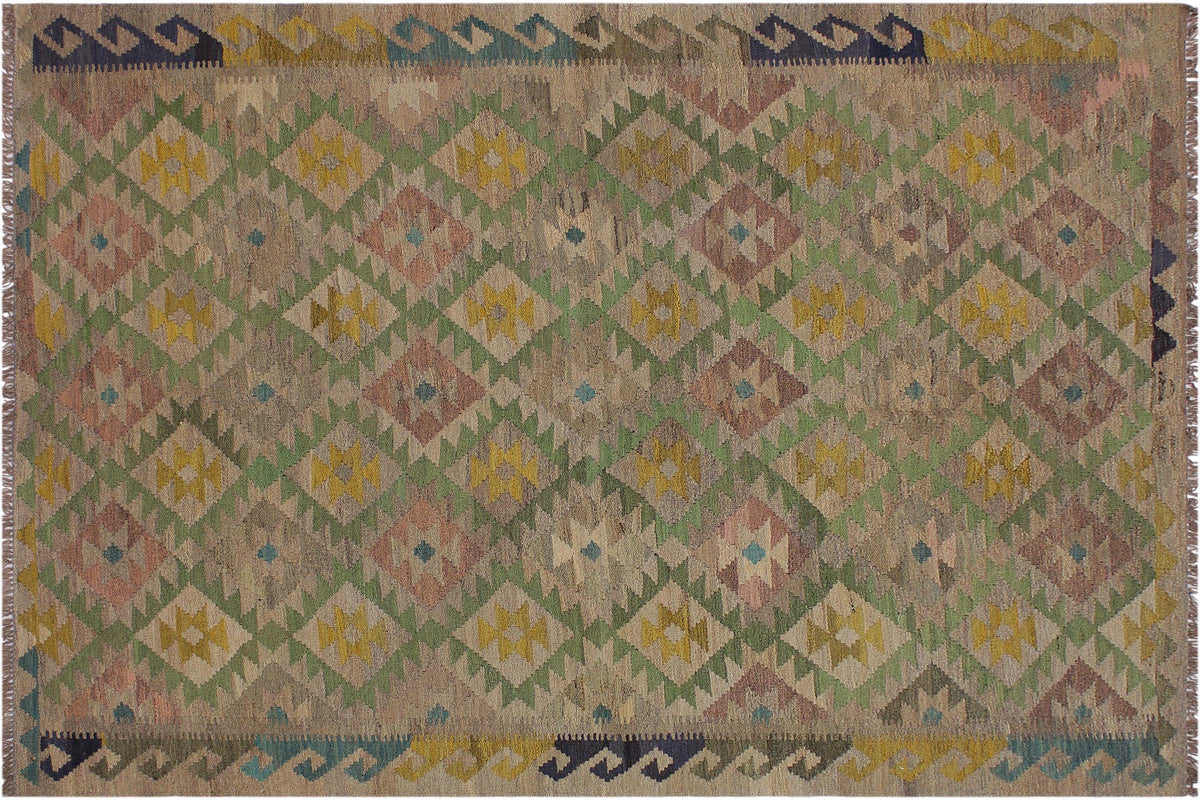 handmade Geometric Kilim Lt. Brown Blue Hand-Woven RECTANGLE 100% WOOL area rug 6 x 8