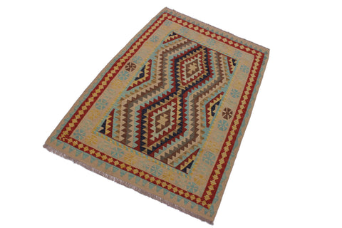 handmade Geometric Kilim Tan Blue Hand-Woven RECTANGLE 100% WOOL area rug 4' x 6'