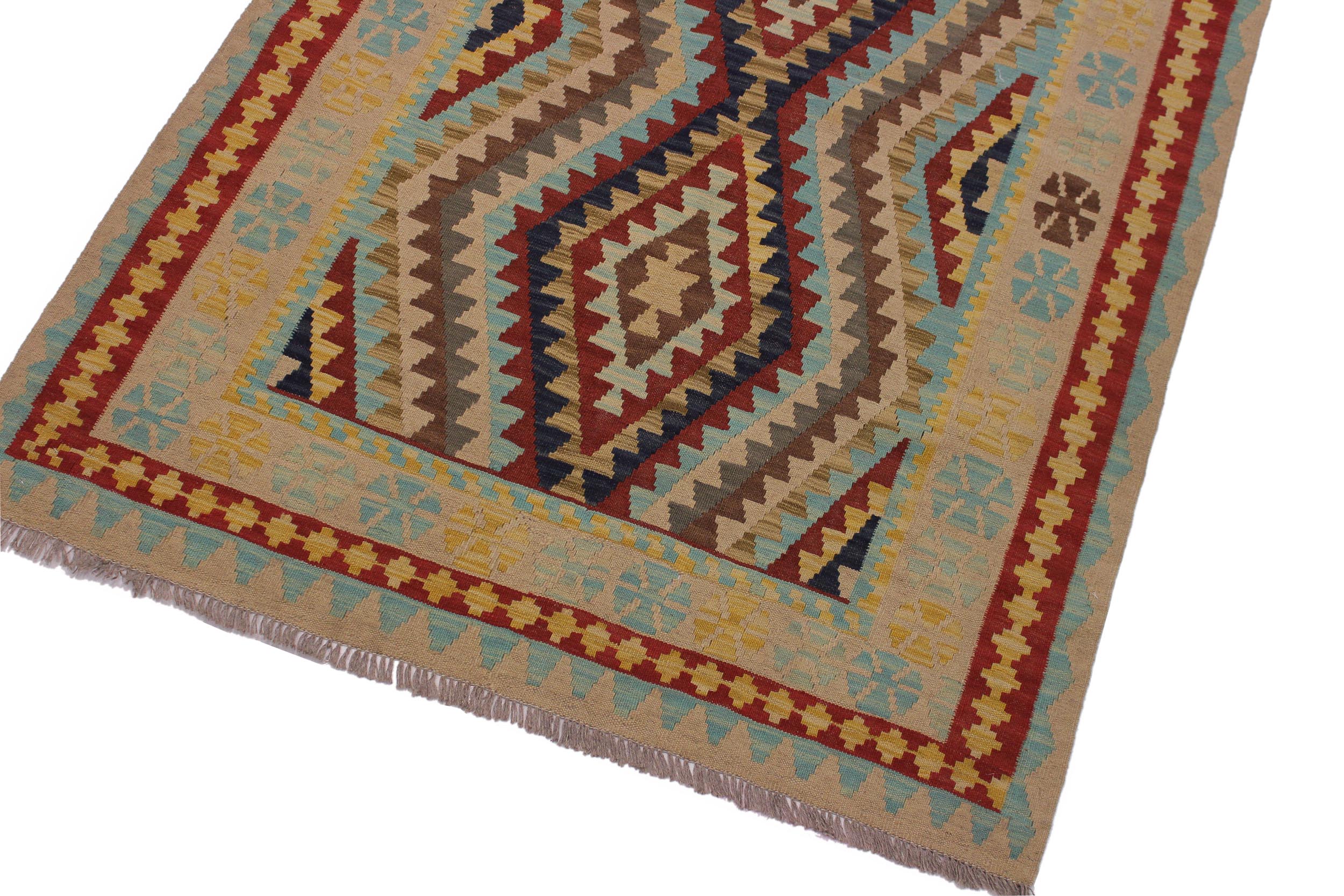 handmade Geometric Kilim Tan Blue Hand-Woven RECTANGLE 100% WOOL area rug 4' x 6'