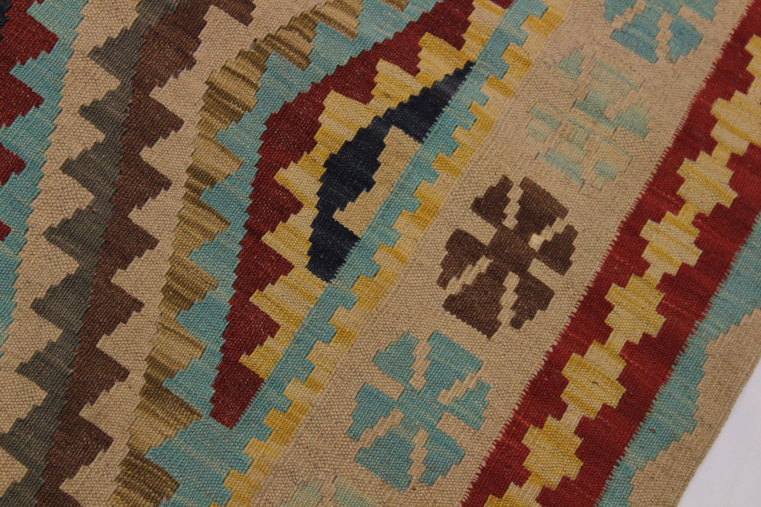 handmade Geometric Kilim Tan Blue Hand-Woven RECTANGLE 100% WOOL area rug 4' x 6'