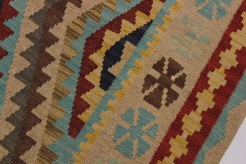 handmade Geometric Kilim Tan Blue Hand-Woven RECTANGLE 100% WOOL area rug 4' x 6'