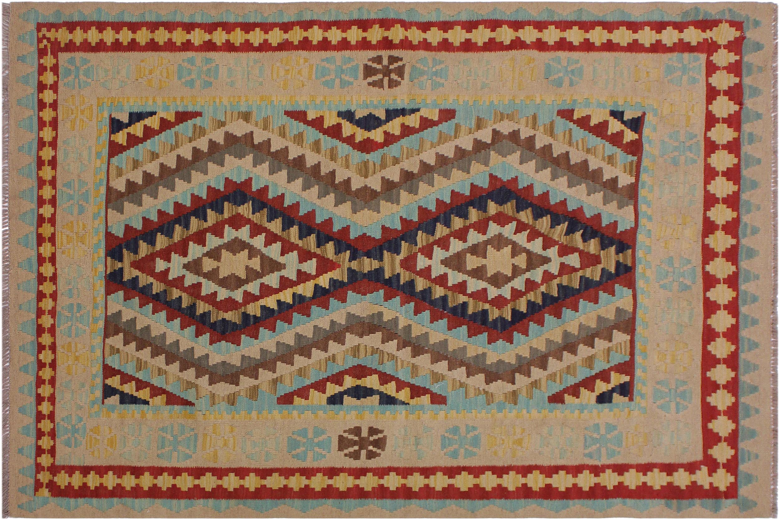 handmade Geometric Kilim Tan Blue Hand-Woven RECTANGLE 100% WOOL area rug 4' x 6'