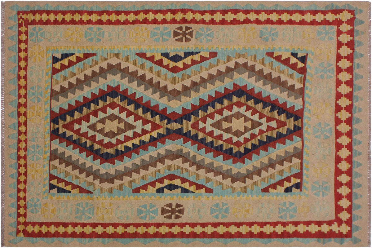 handmade Geometric Kilim Tan Blue Hand-Woven RECTANGLE 100% WOOL area rug 4' x 6'