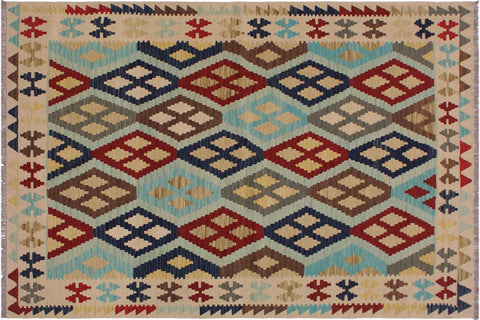 handmade Geometric Kilim Ivory Brown Hand-Woven RECTANGLE 100% WOOL area rug 5 x 7