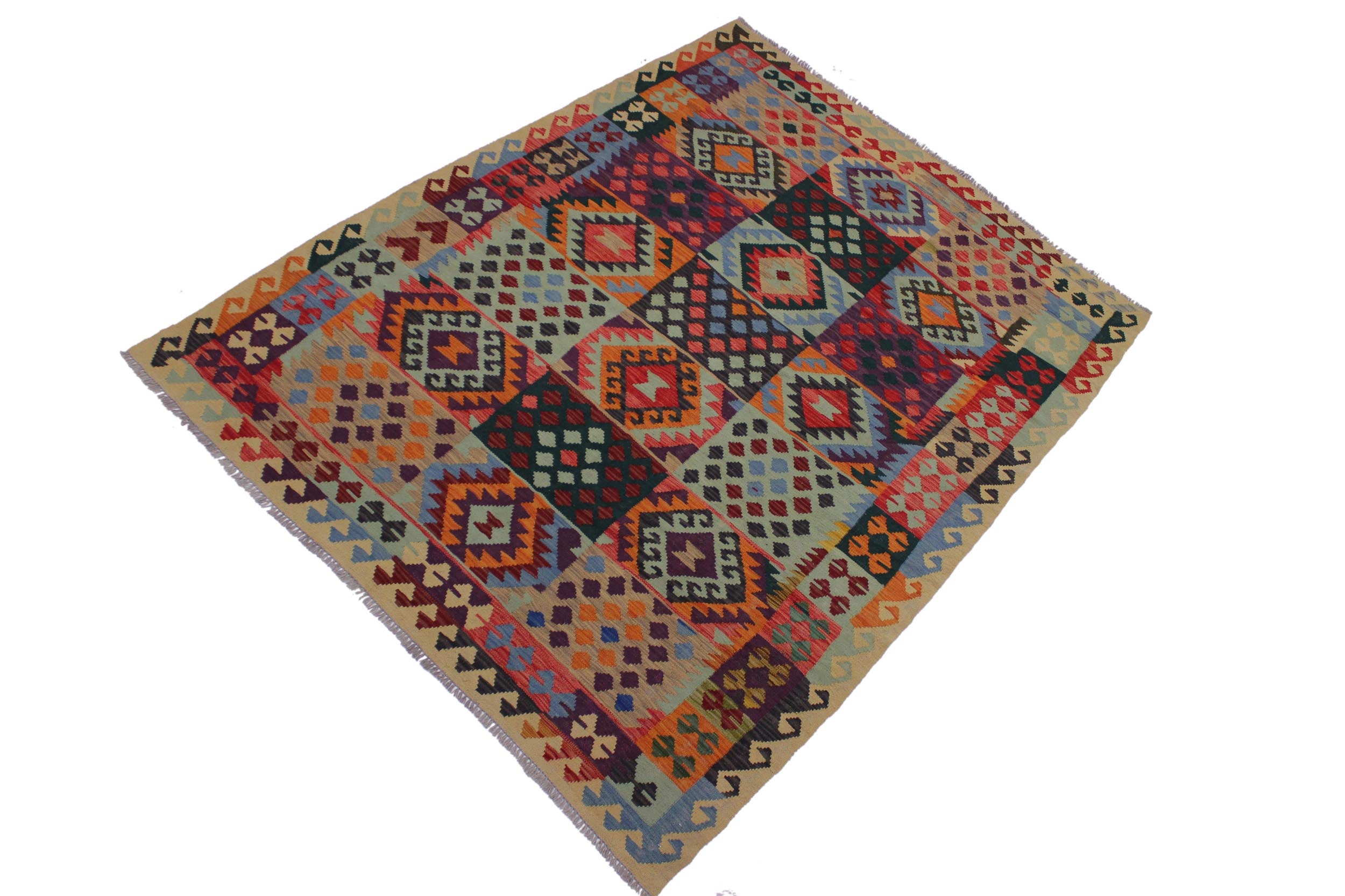 handmade Geometric Kilim Beige Blue Hand-Woven RECTANGLE 100% WOOL area rug 6 x 8