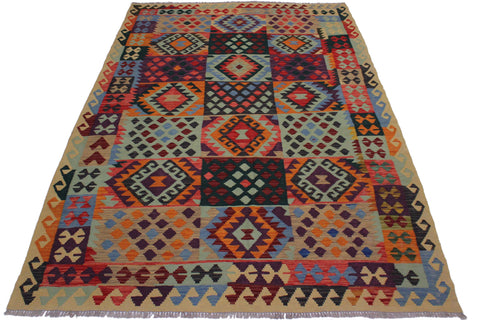 handmade Geometric Kilim Beige Blue Hand-Woven RECTANGLE 100% WOOL area rug 6 x 8