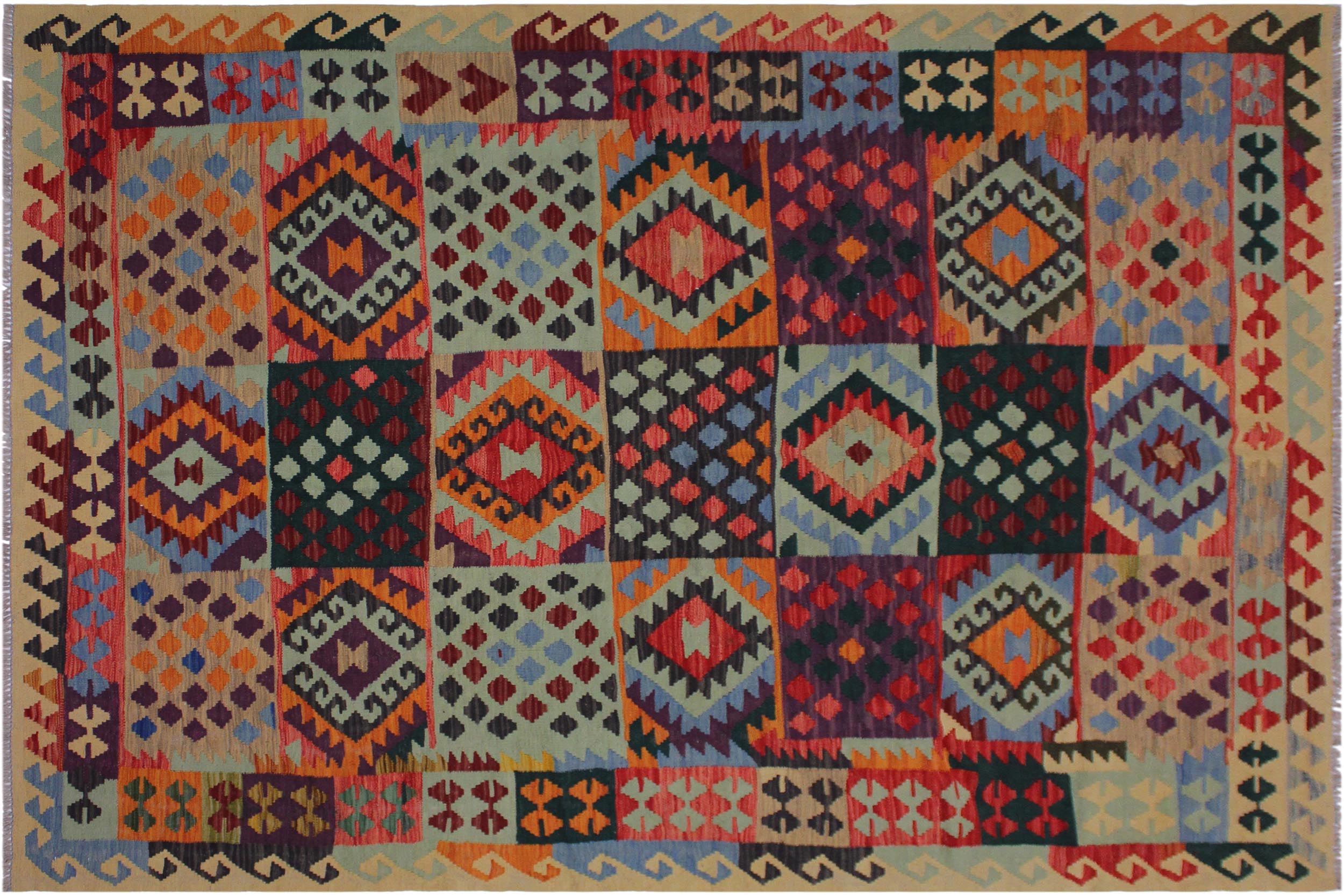 handmade Geometric Kilim Beige Blue Hand-Woven RECTANGLE 100% WOOL area rug 6 x 8