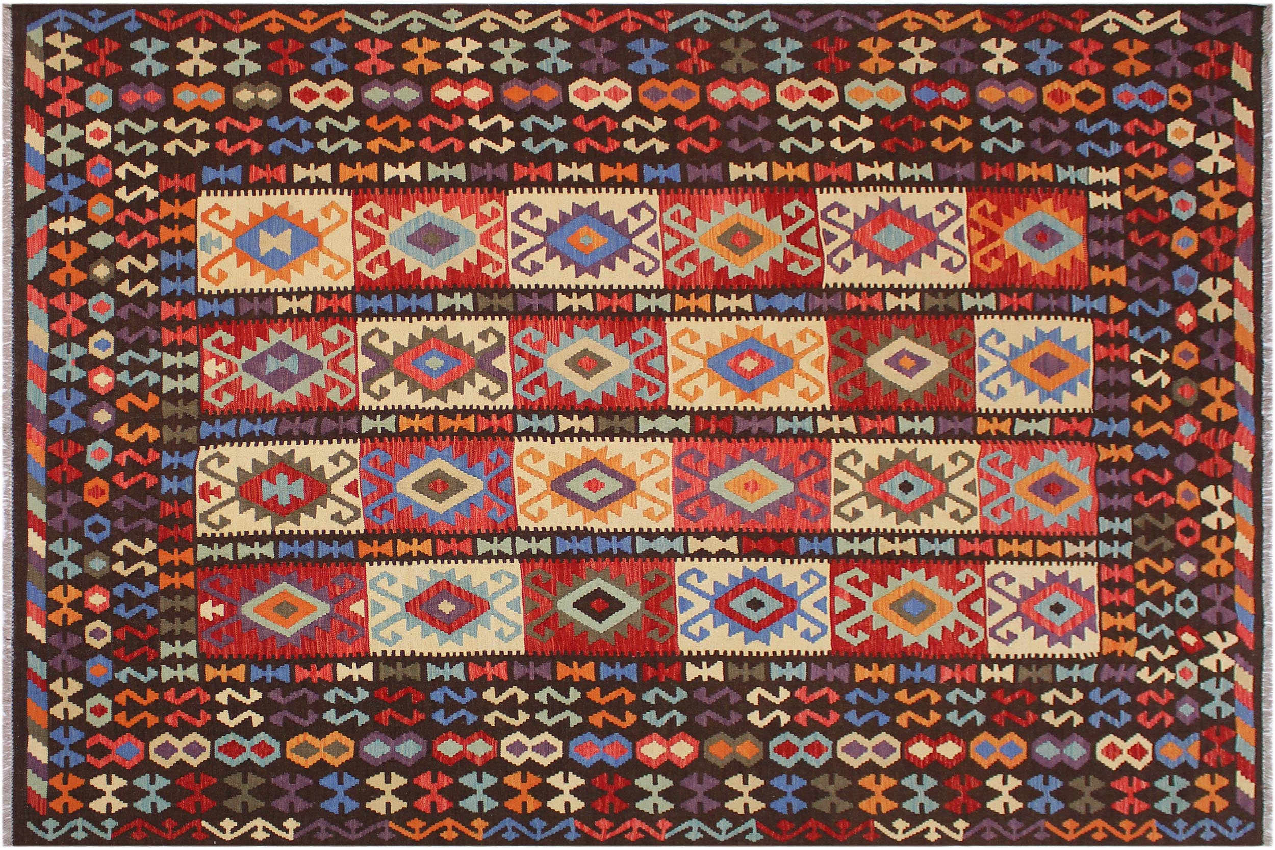 handmade Geometric Kilim Brown Rust Hand-Woven RECTANGLE 100% WOOL area rug 9 x 10