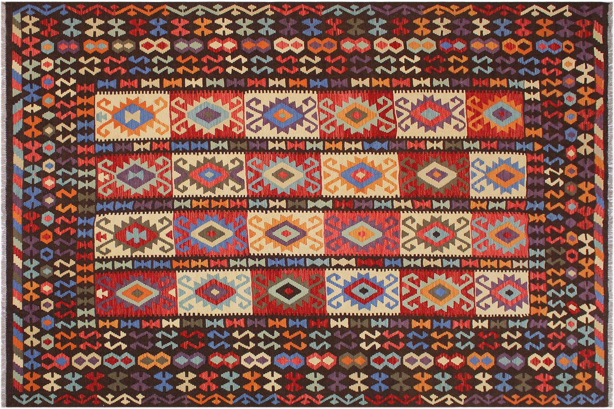 handmade Geometric Kilim Brown Rust Hand-Woven RECTANGLE 100% WOOL area rug 9 x 10