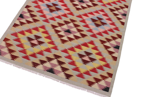 handmade Modern Kilim Gray Red Hand-Woven RECTANGLE 100% WOOL area rug 5 x 6