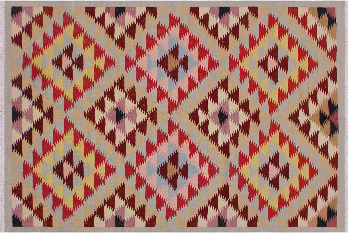 handmade Modern Kilim Gray Red Hand-Woven RECTANGLE 100% WOOL area rug 5 x 6