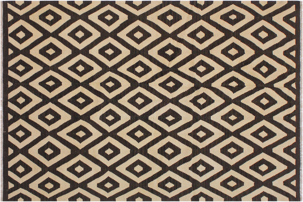 handmade Modern Kilim Black Ivory Hand-Woven RECTANGLE 100% WOOL area rug 6 x 8