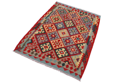 handmade Geometric Kilim Red Beige Hand-Woven RECTANGLE 100% WOOL area rug 4 x 6