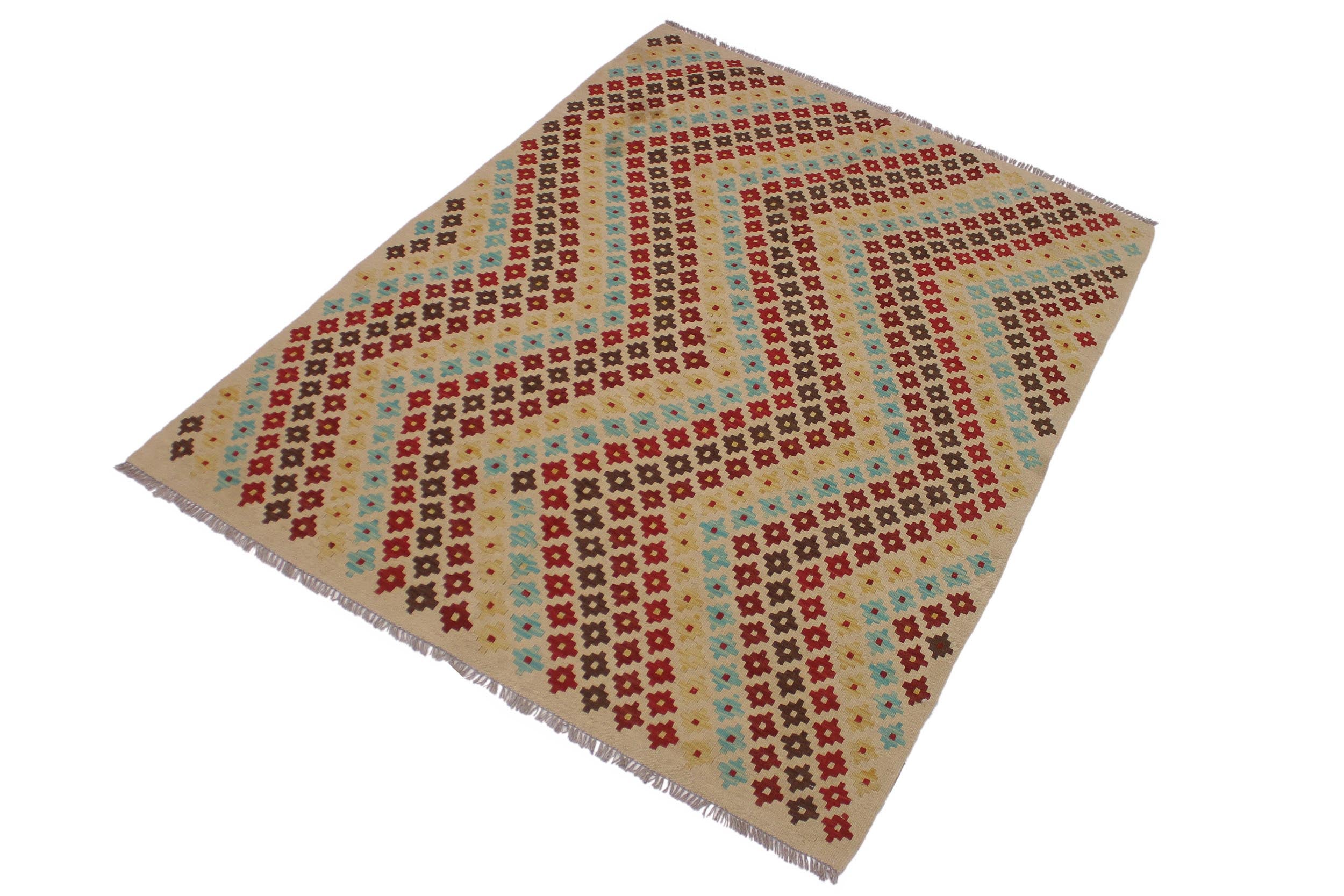 handmade Modern Kilim Tan Red Hand-Woven RECTANGLE 100% WOOL area rug 5x7