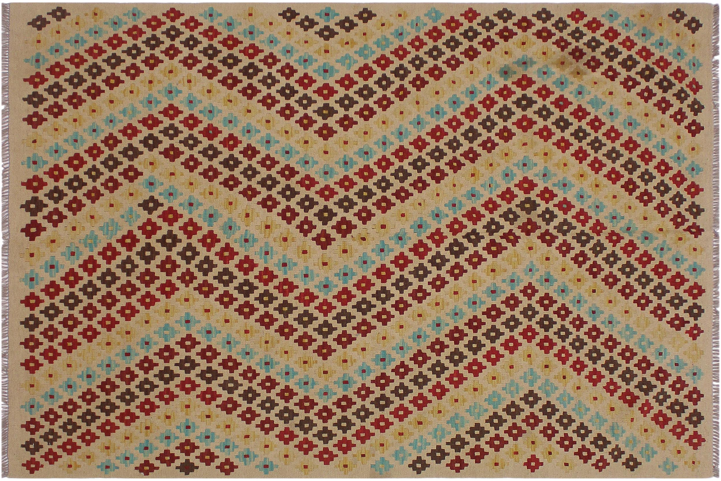 handmade Modern Kilim Tan Red Hand-Woven RECTANGLE 100% WOOL area rug 5x7
