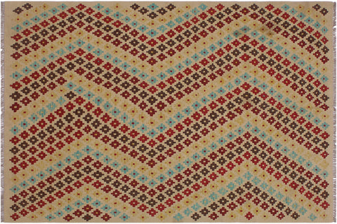 handmade Modern Kilim Tan Red Hand-Woven RECTANGLE 100% WOOL area rug 5x7