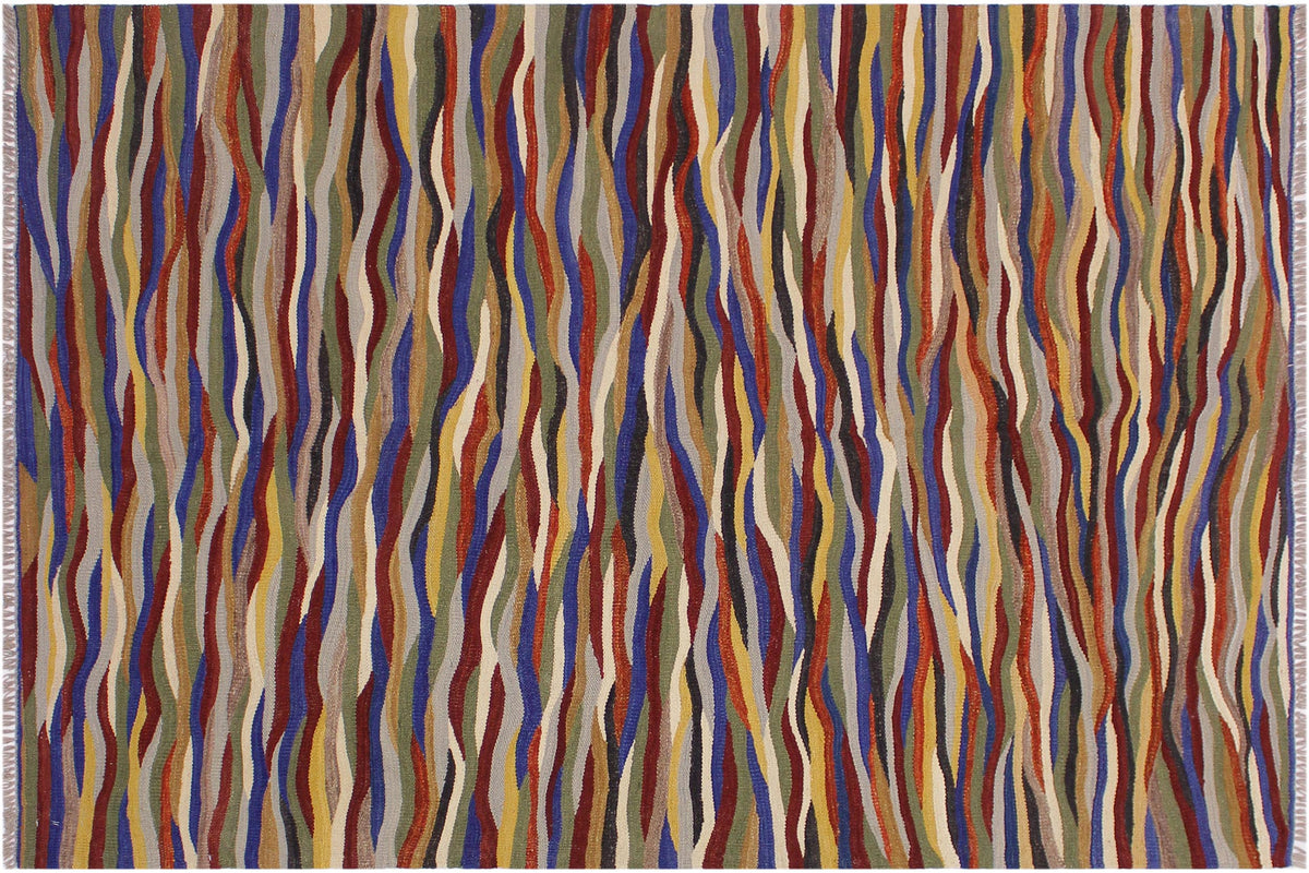 handmade Modern Kilim Red Blue Hand-Woven RECTANGLE 100% WOOL area rug 5x7