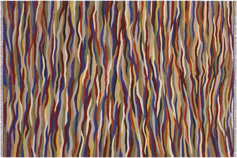 handmade Modern Kilim Red Blue Hand-Woven RECTANGLE 100% WOOL area rug 5x7