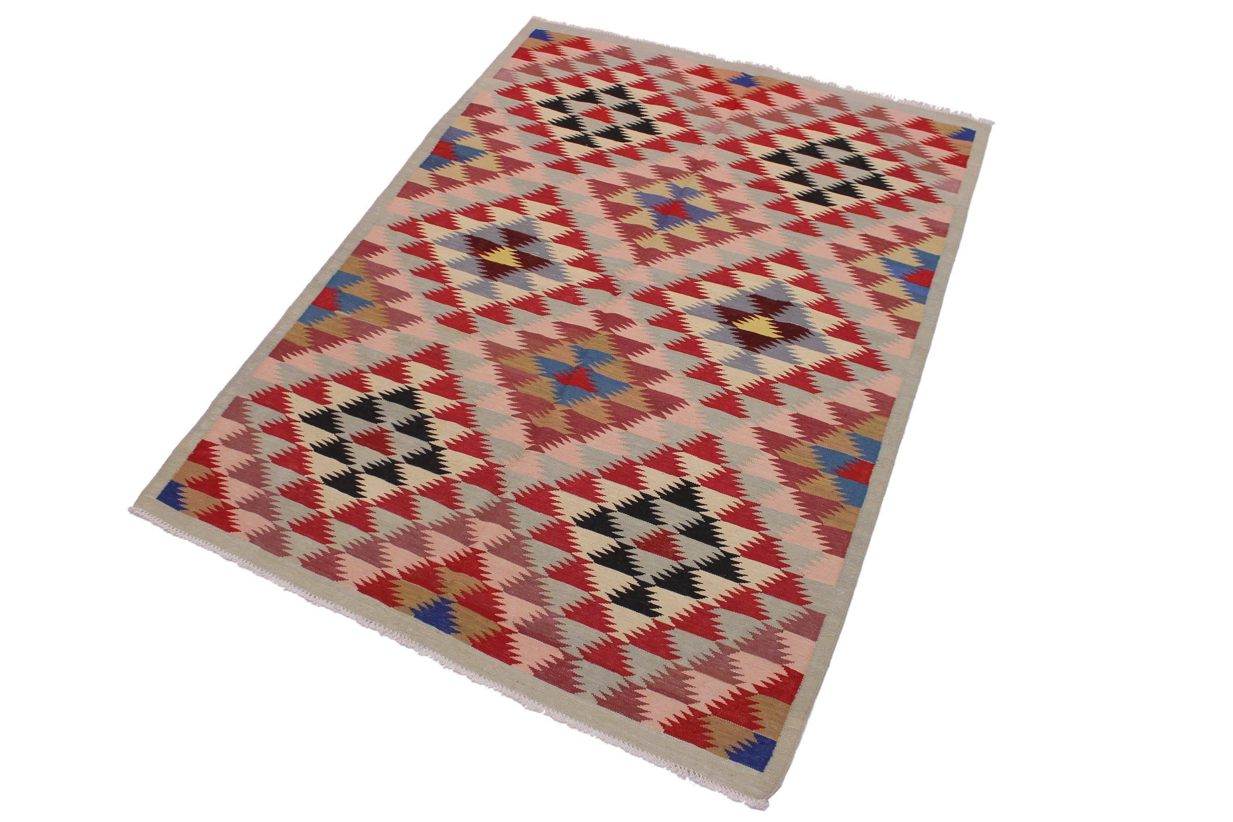 handmade Modern Kilim Gray Pink Hand-Woven RECTANGLE 100% WOOL area rug 5 x 6