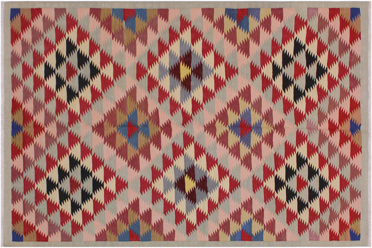 handmade Modern Kilim Gray Pink Hand-Woven RECTANGLE 100% WOOL area rug 5 x 6