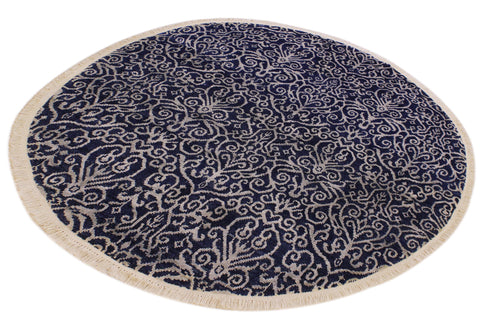handmade Modern Round Kafkaz Blue Lt. Gray Hand Knotted ROUND WOOL&SILK area rug 6' x 6'