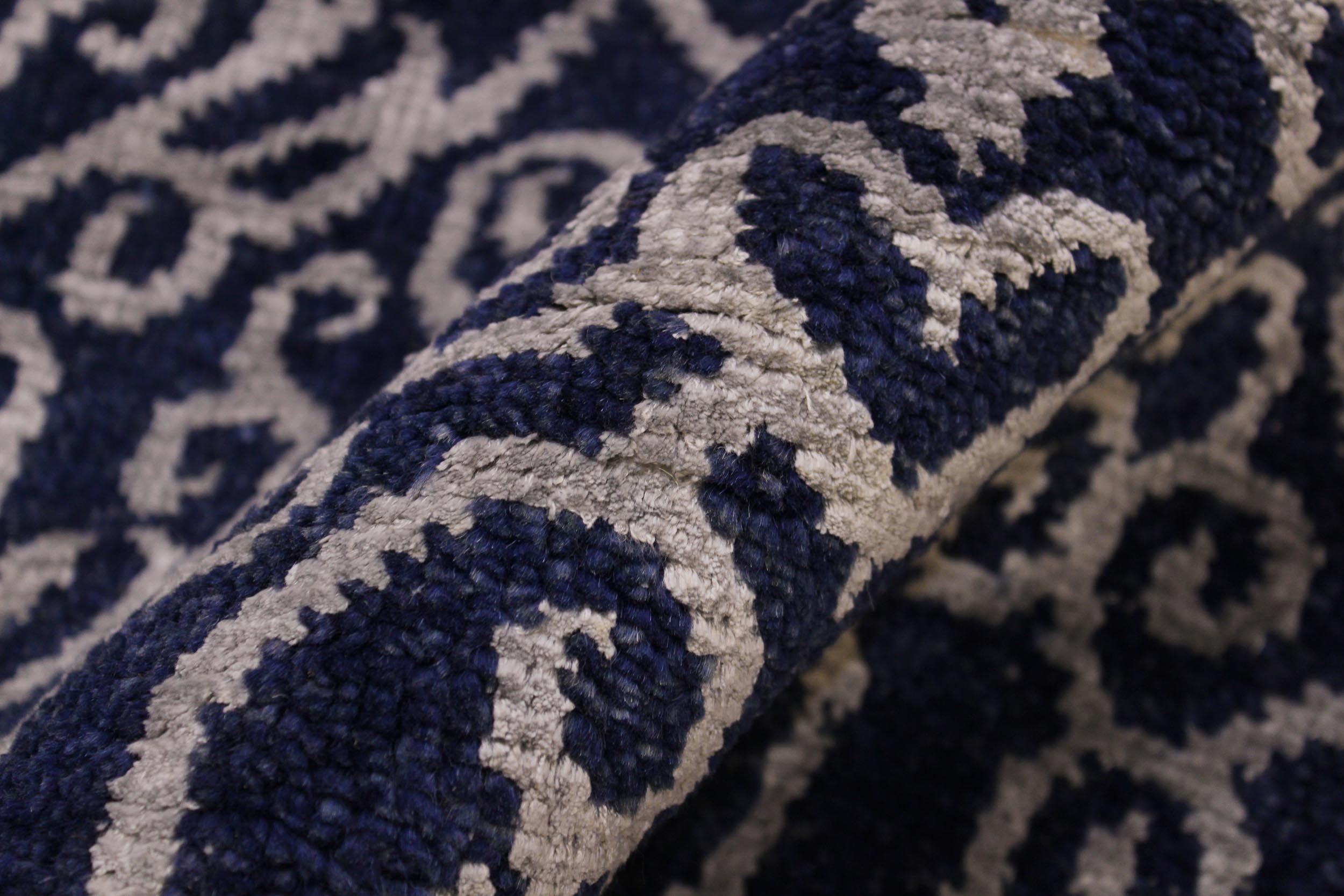 handmade Modern Round Kafkaz Blue Lt. Gray Hand Knotted ROUND WOOL&SILK area rug 6' x 6'