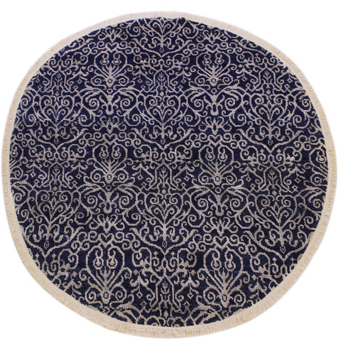 handmade Modern Round Kafkaz Blue Lt. Gray Hand Knotted ROUND WOOL&SILK area rug 6' x 6'