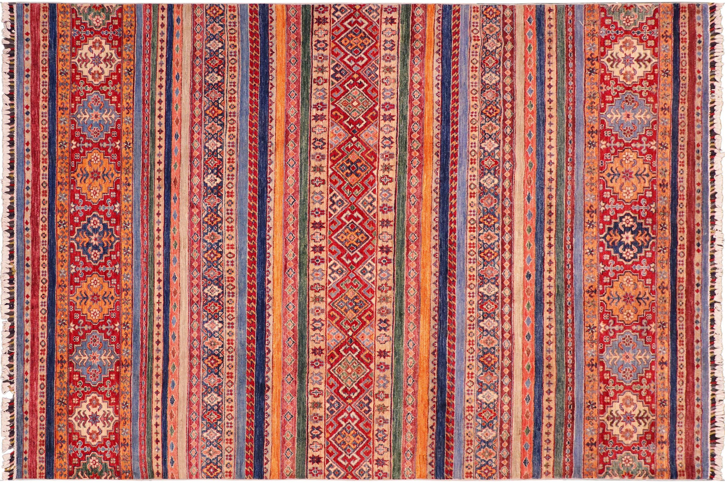 handmade Geometric Kurjean Blue Red Hand Knotted RECTANGLE 100% WOOL area rug 6x8