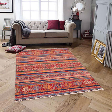 handmade Geometric Kurjean Blue Red Hand Knotted RECTANGLE 100% WOOL area rug 6x8