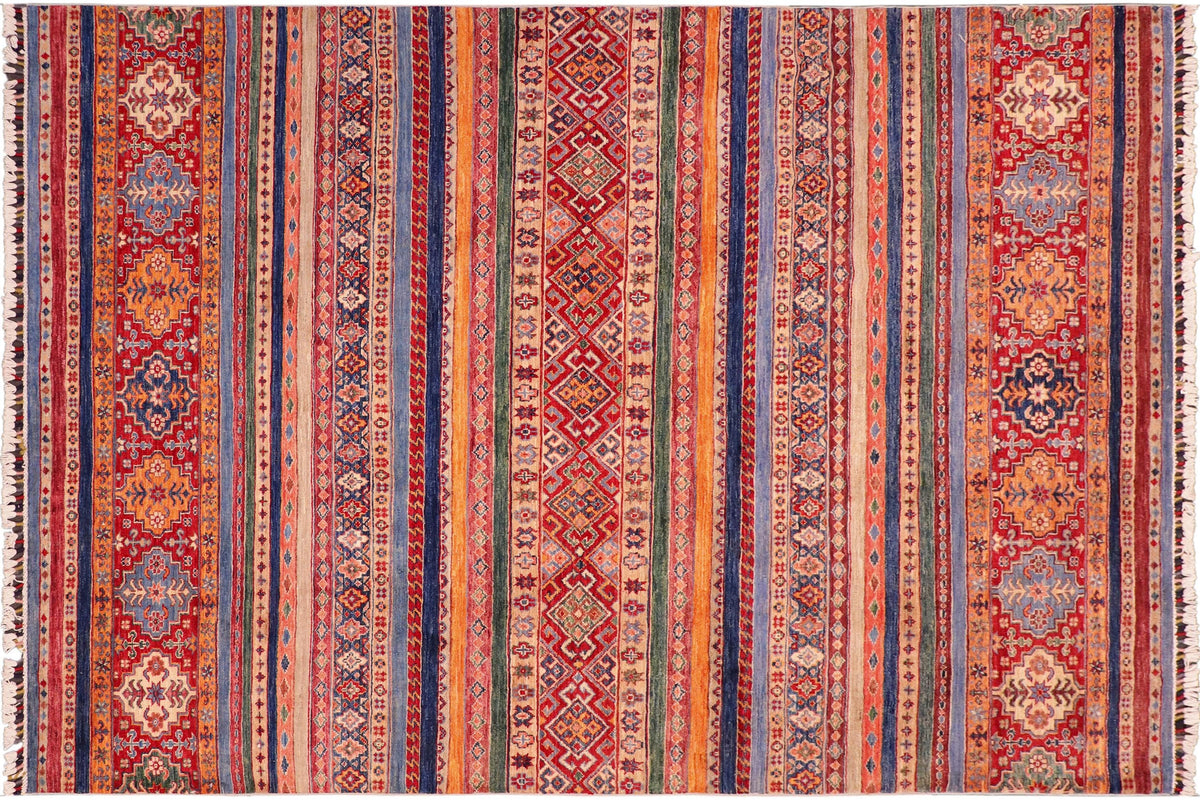handmade Geometric Kurjean Blue Red Hand Knotted RECTANGLE 100% WOOL area rug 6x8