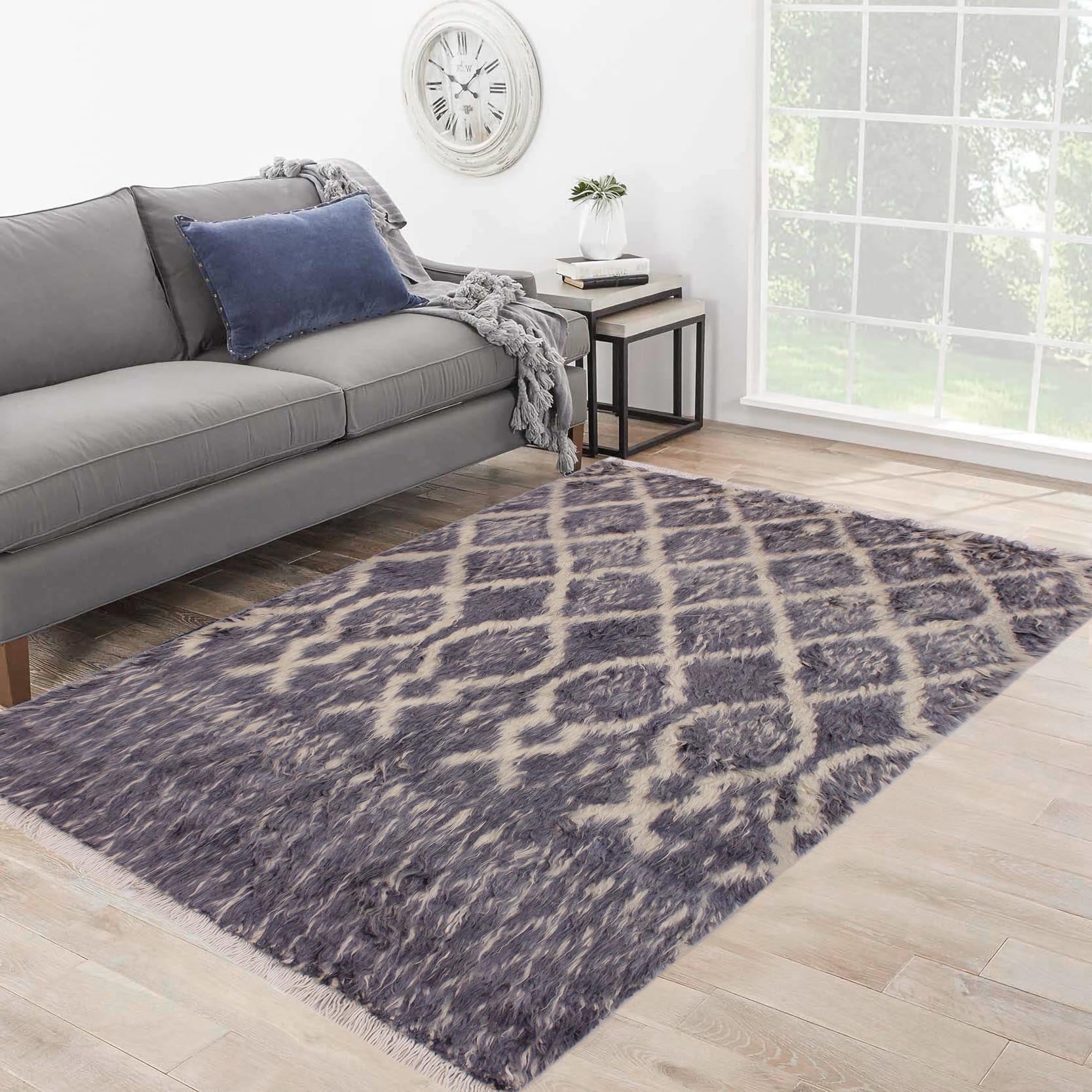 handmade Geometric Moroccan Gray Ivory Hand Knotted RECTANGLE 100% WOOL area rug 5' x 7'