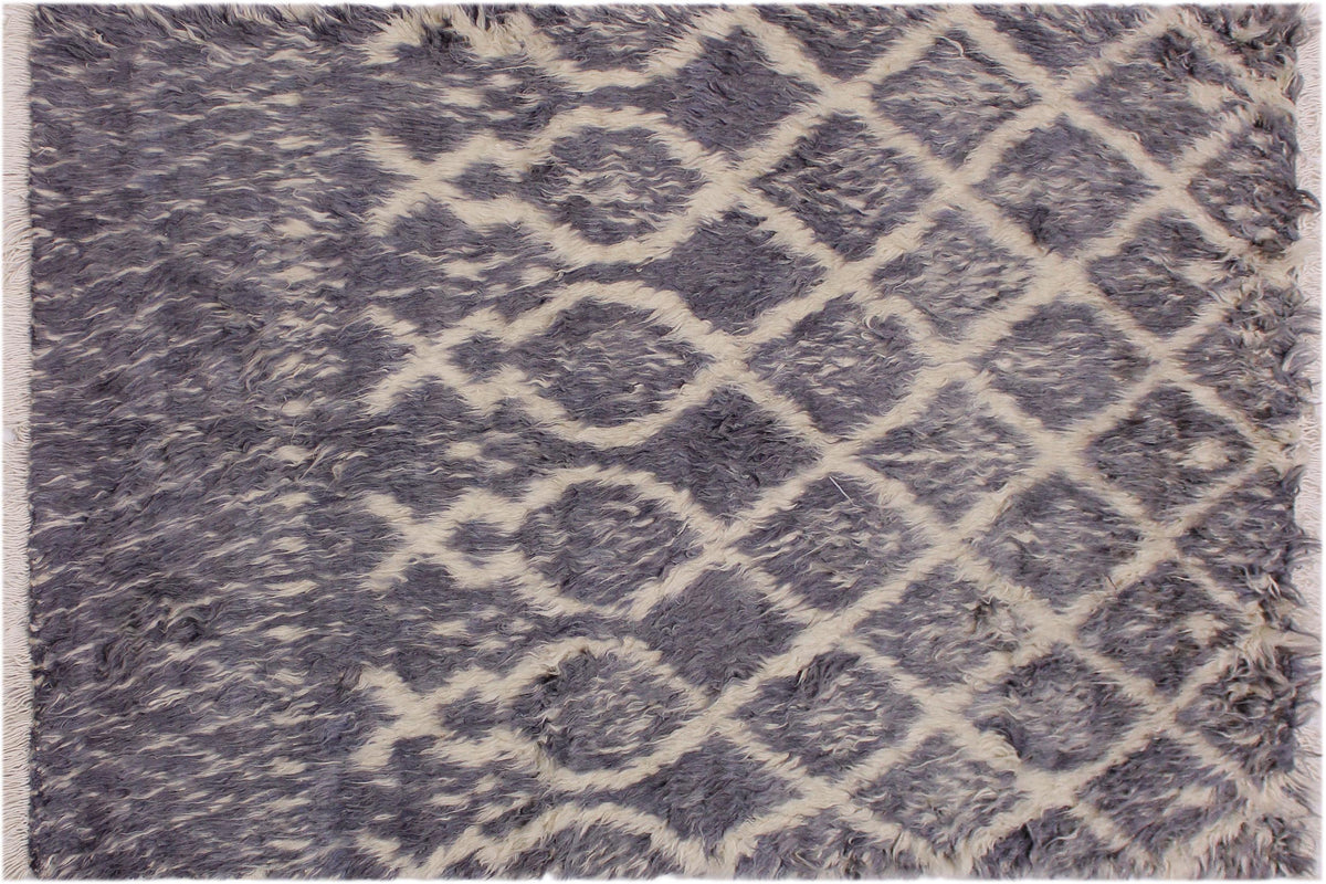 handmade Geometric Moroccan Gray Ivory Hand Knotted RECTANGLE 100% WOOL area rug 5' x 7'
