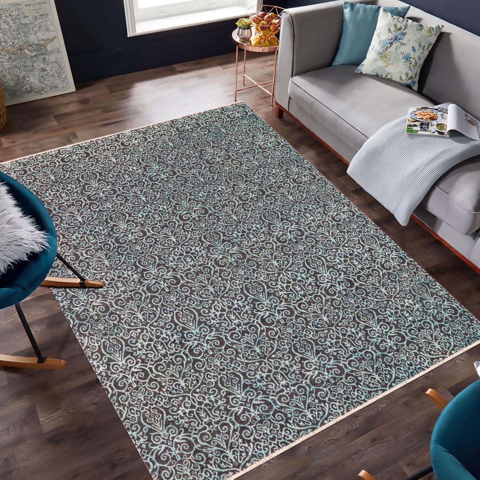 handmade Transitional Kafkaz Gray Turquoise Hand Knotted RECTANGLE WOOL&SILK area rug 9' x 12'
