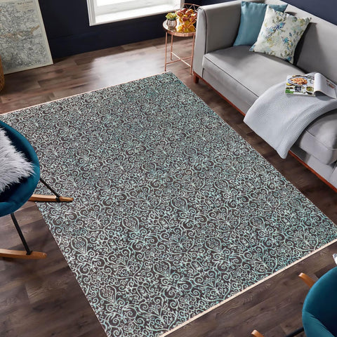 handmade Transitional Kafkaz Gray Turquoise Hand Knotted RECTANGLE WOOL&SILK area rug 9' x 12'