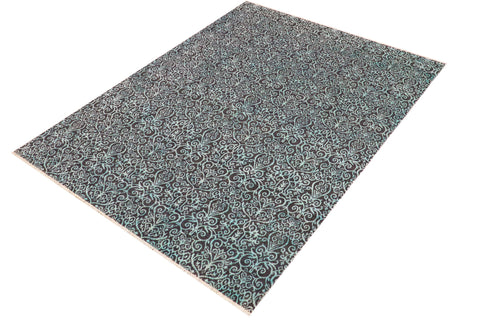 handmade Transitional Kafkaz Gray Turquoise Hand Knotted RECTANGLE WOOL&SILK area rug 9' x 12'