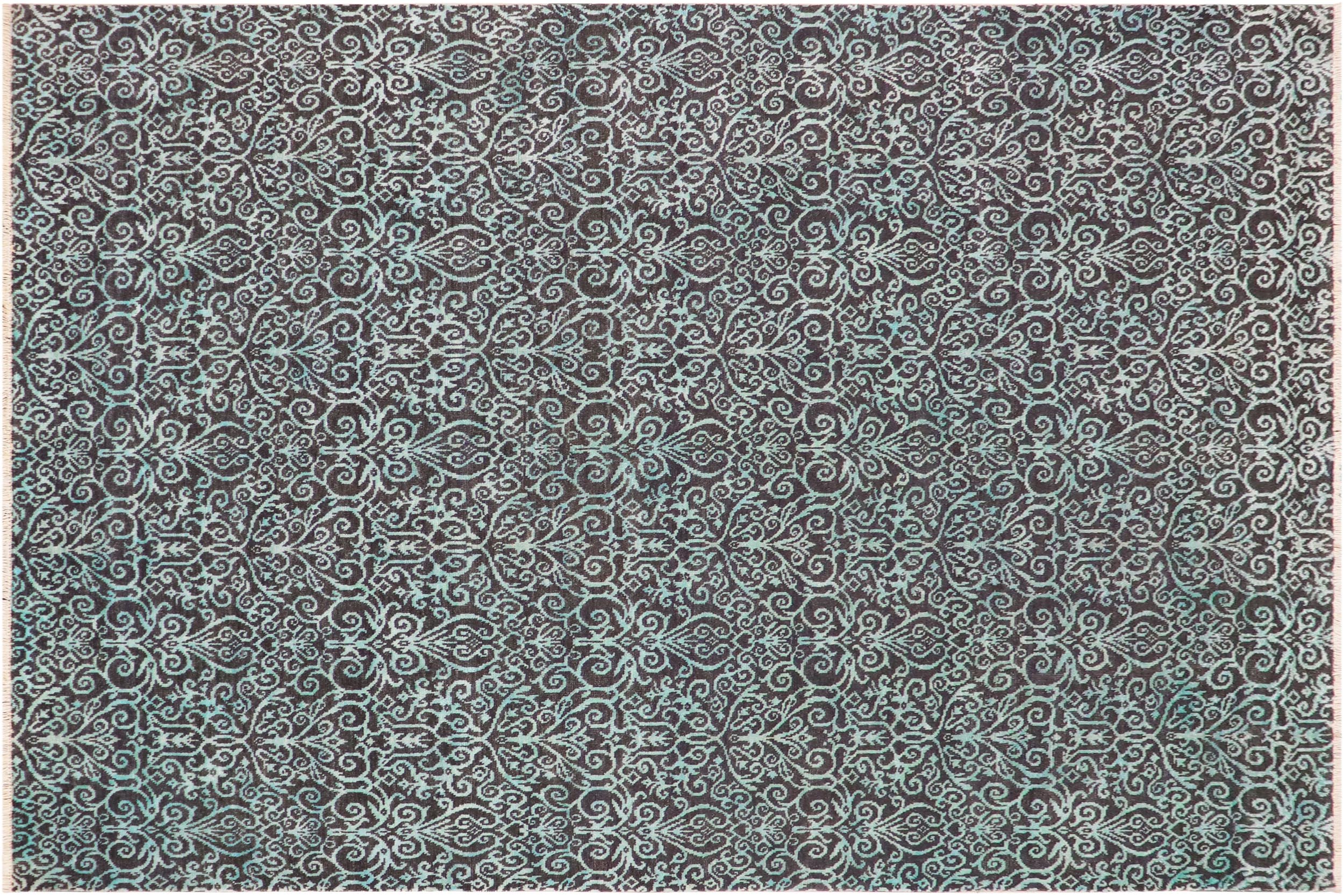 handmade Transitional Kafkaz Gray Turquoise Hand Knotted RECTANGLE WOOL&SILK area rug 9' x 12'