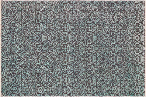 handmade Transitional Kafkaz Gray Turquoise Hand Knotted RECTANGLE WOOL&SILK area rug 9' x 12'