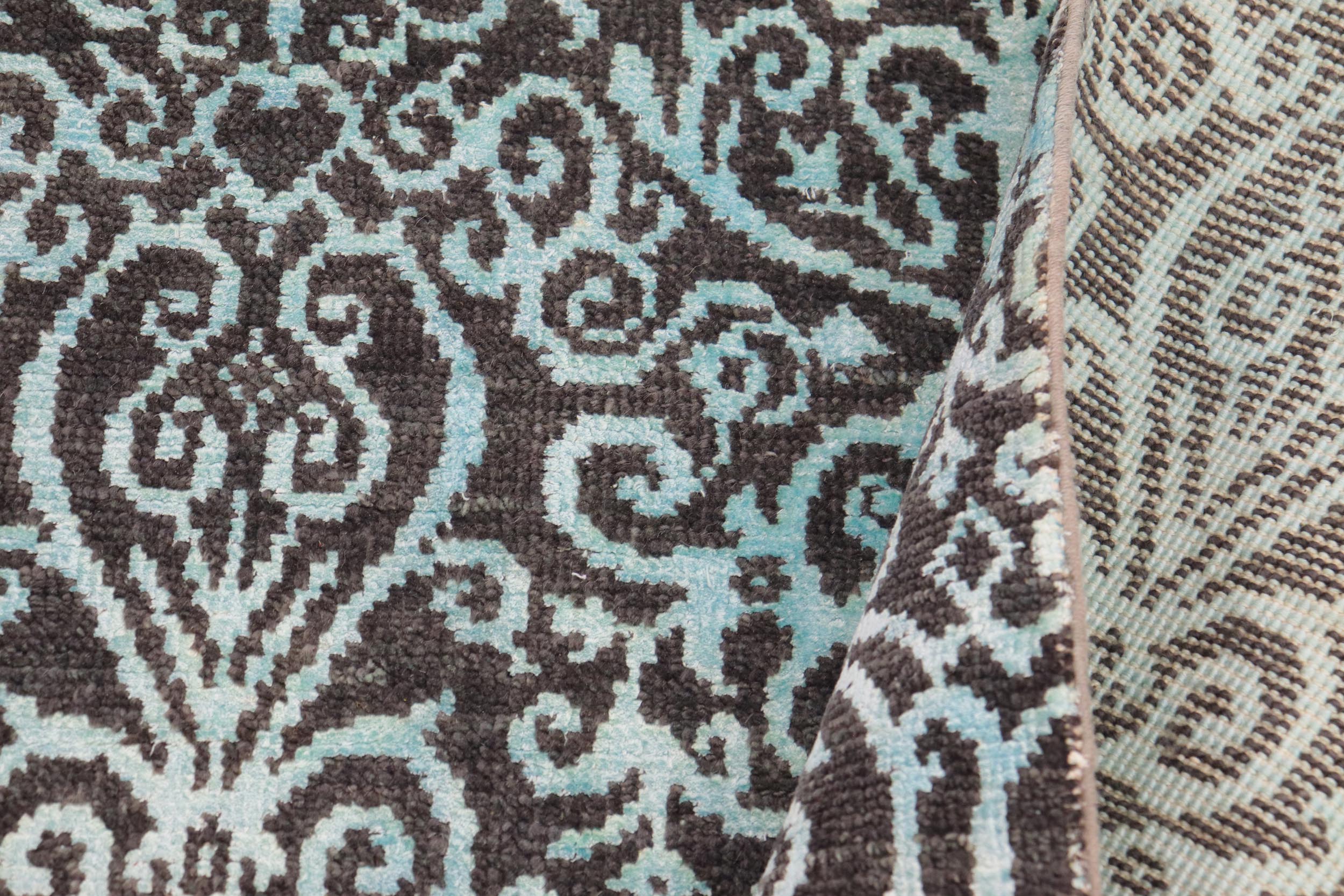 handmade Transitional Kafkaz Gray Turquoise Hand Knotted RECTANGLE WOOL&SILK area rug 9' x 12'