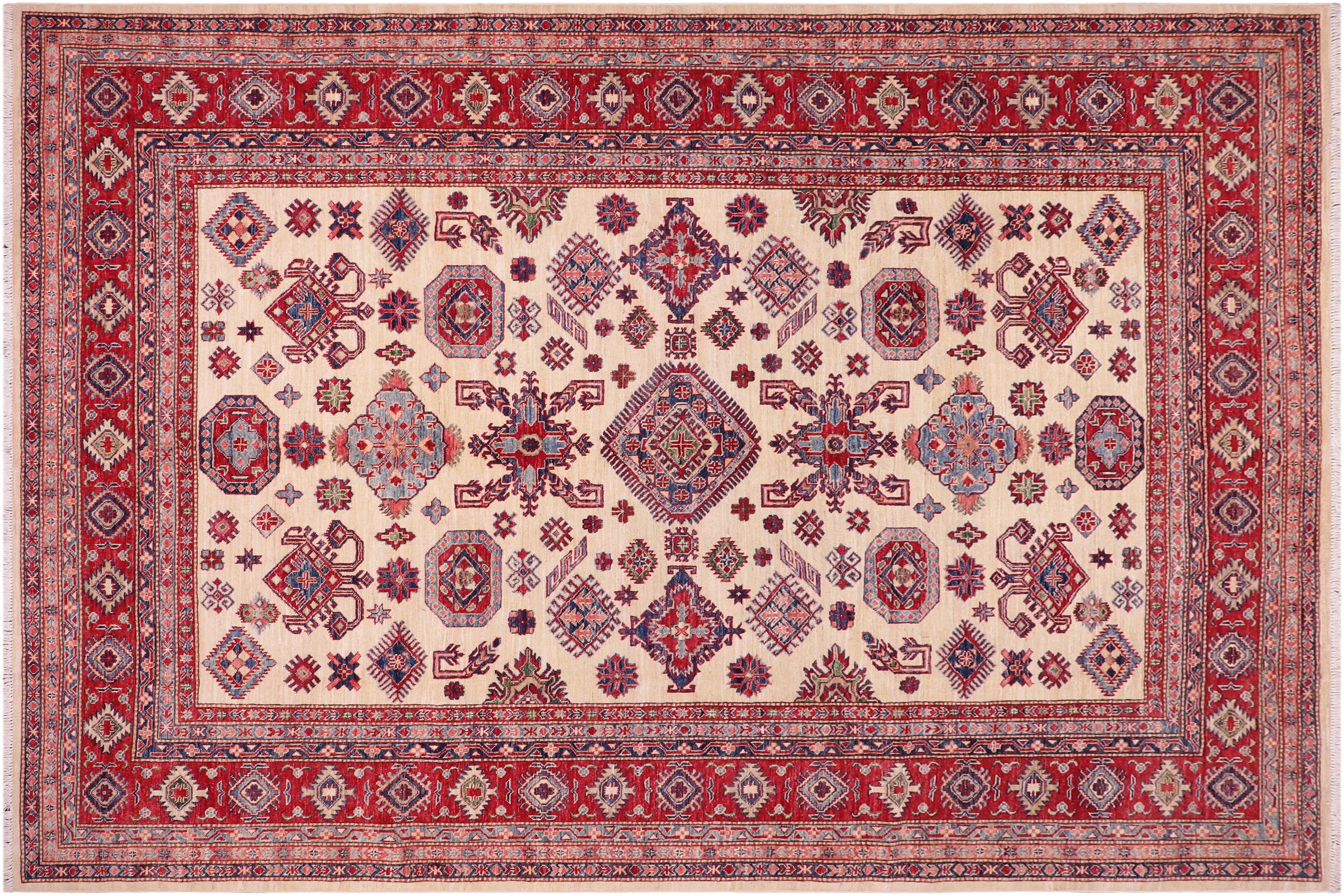 handmade Geometric Super Kazak Beige Red Hand Knotted RECTANGLE 100% WOOL area rug 8' x 10'