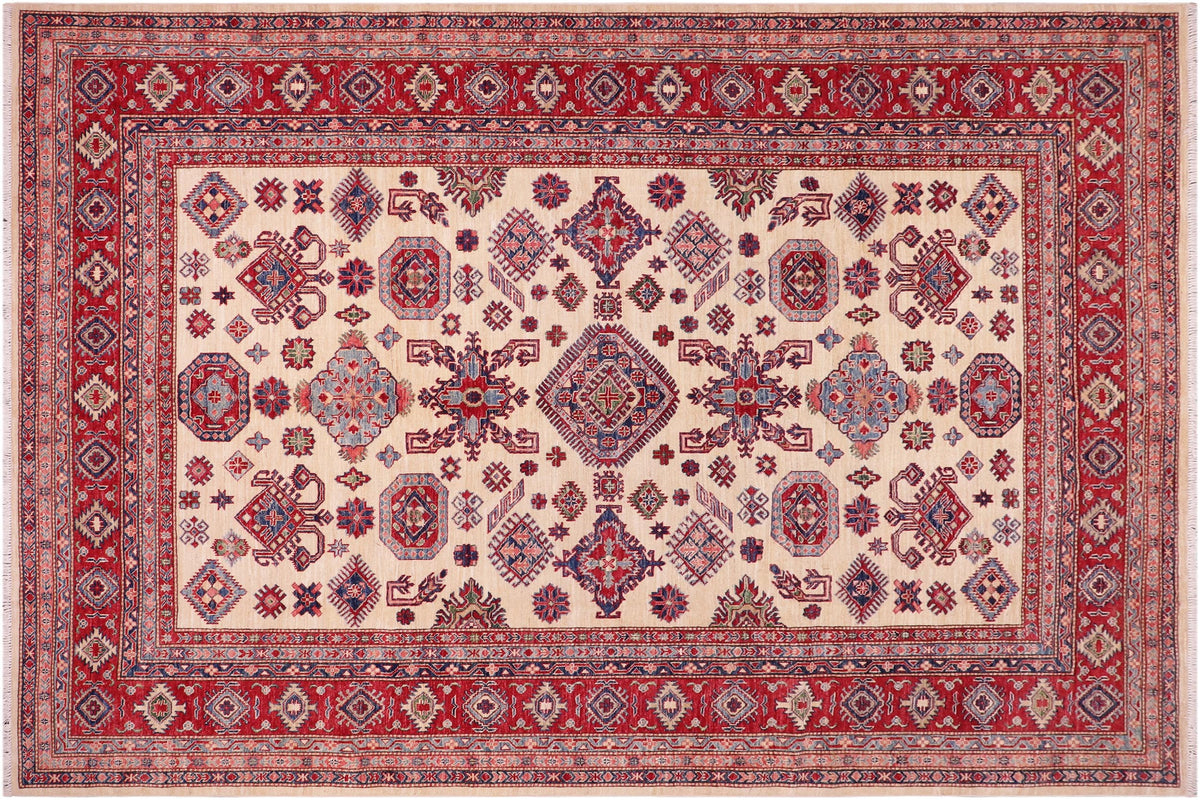 handmade Geometric Super Kazak Beige Red Hand Knotted RECTANGLE 100% WOOL area rug 8' x 10'