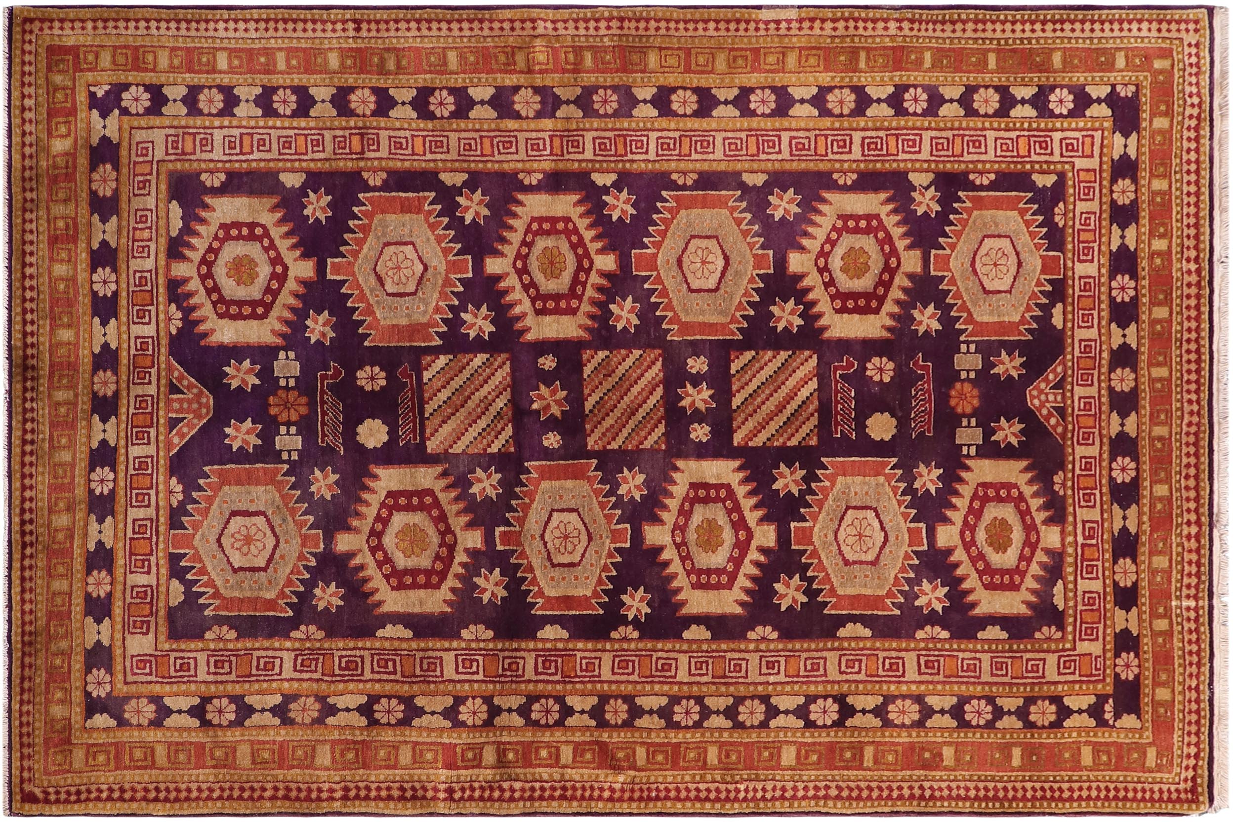 handmade Geometric Antique Kazak Antique Blue Red Hand Knotted RECTANGLE 100% WOOL area rug 5x8