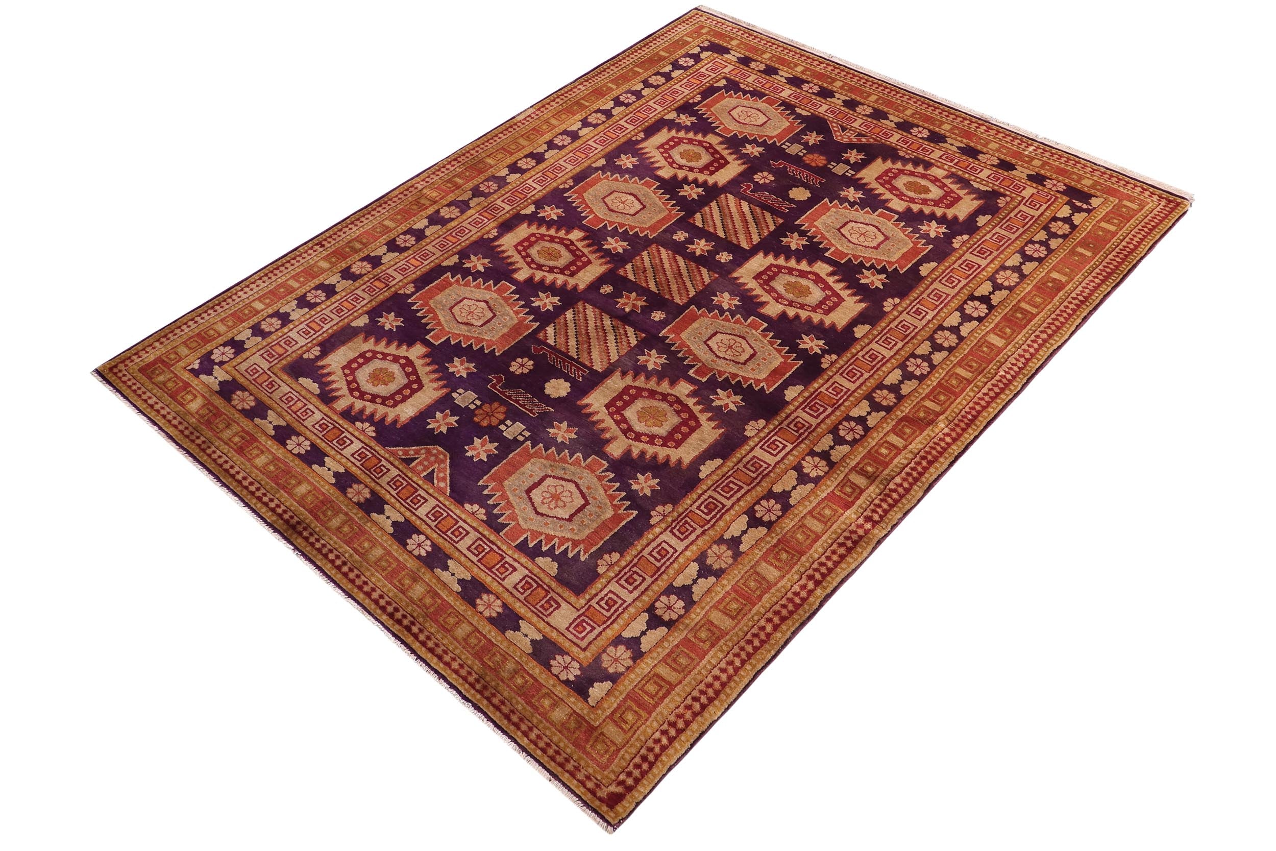 handmade Geometric Antique Kazak Antique Blue Red Hand Knotted RECTANGLE 100% WOOL area rug 5x8