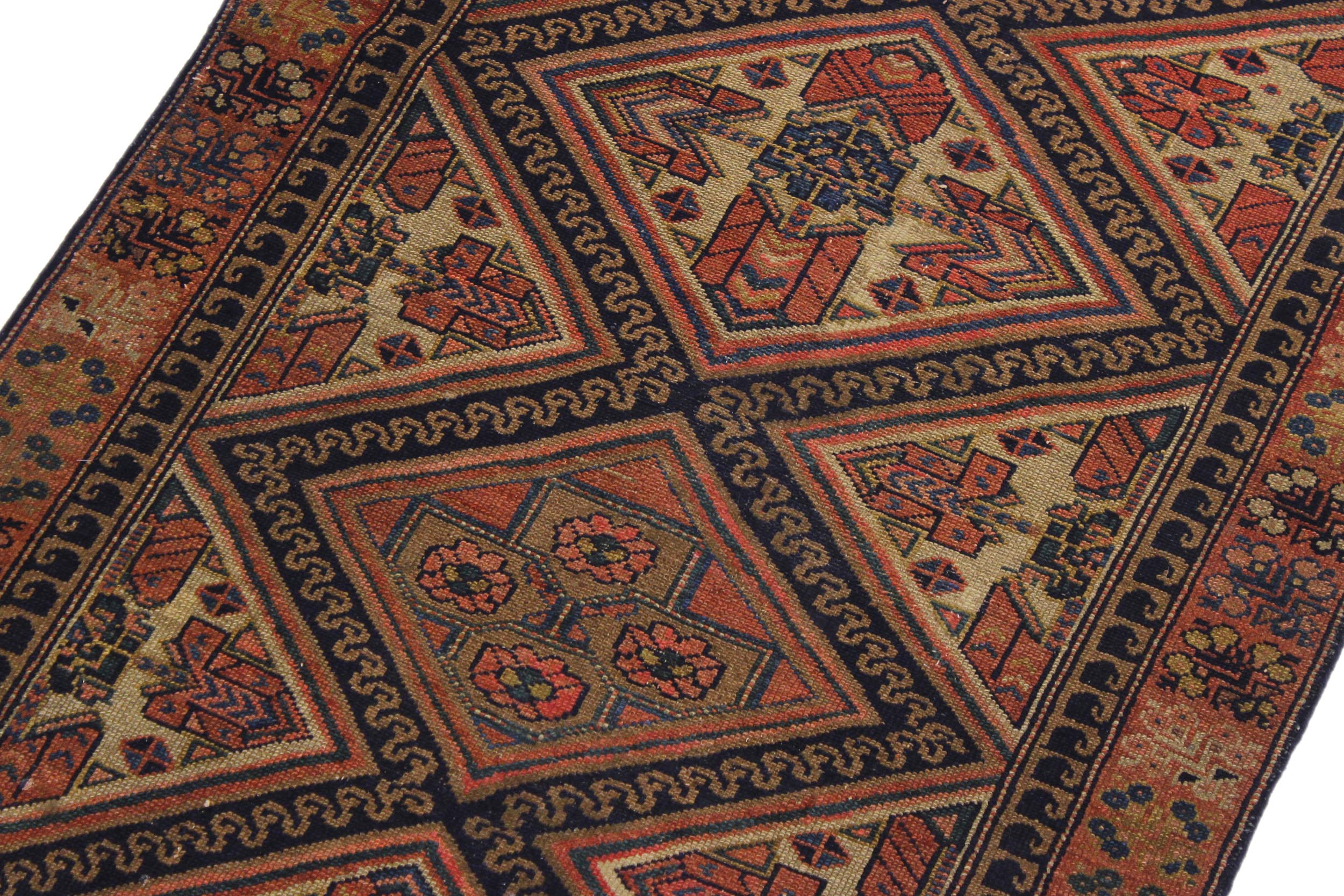 handmade Geometric Antique Kazak Antique Rust Blue Hand Knotted RUNNER 100% WOOL area rug 3x8