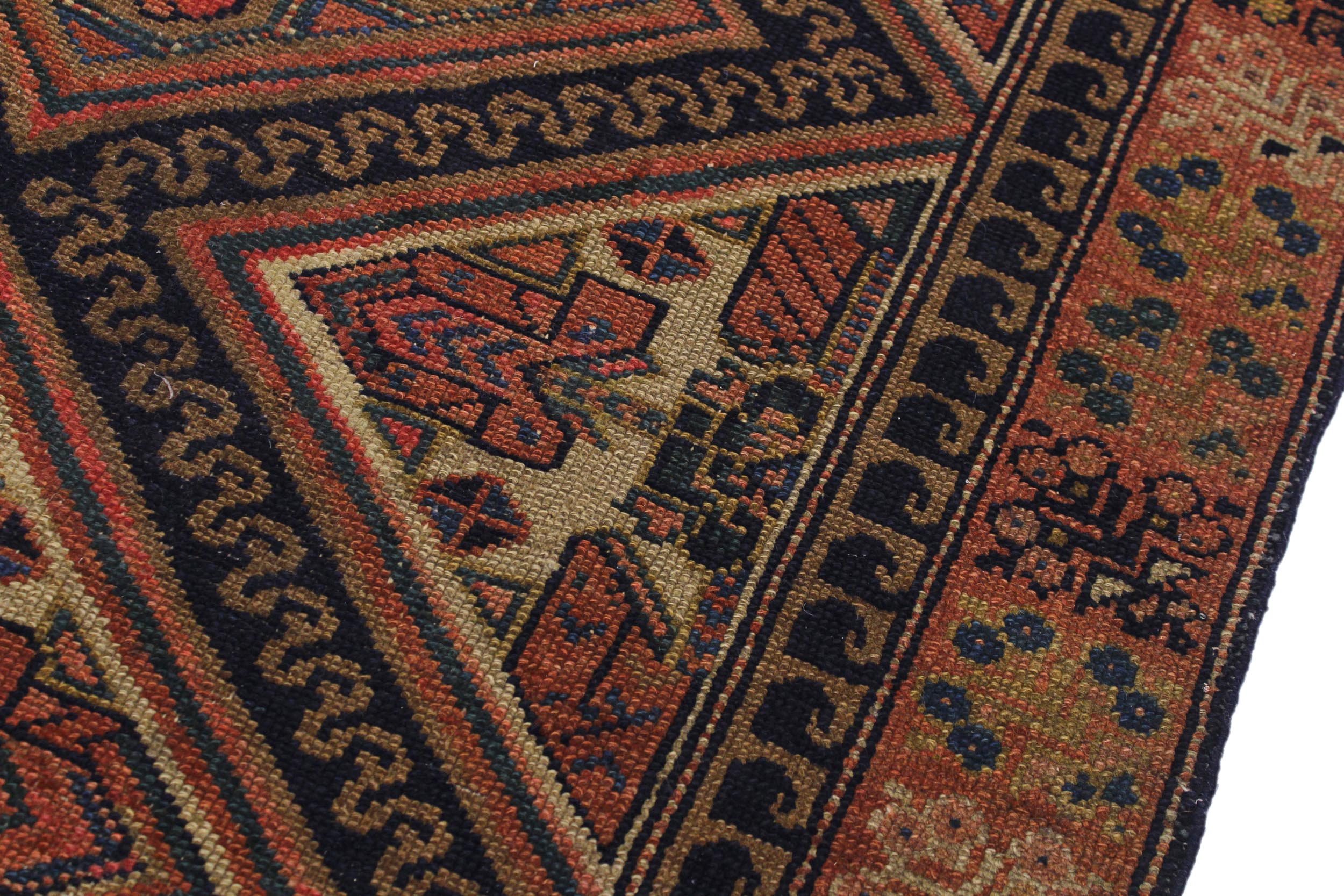 handmade Geometric Antique Kazak Antique Rust Blue Hand Knotted RUNNER 100% WOOL area rug 3x8