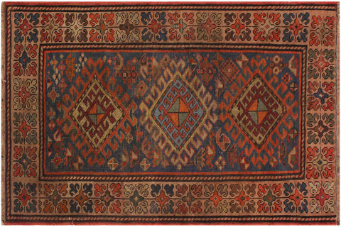 handmade Geometric Antique Kazak Antique Blue Rust Hand Knotted RECTANGLE 100% WOOL area rug 3x4