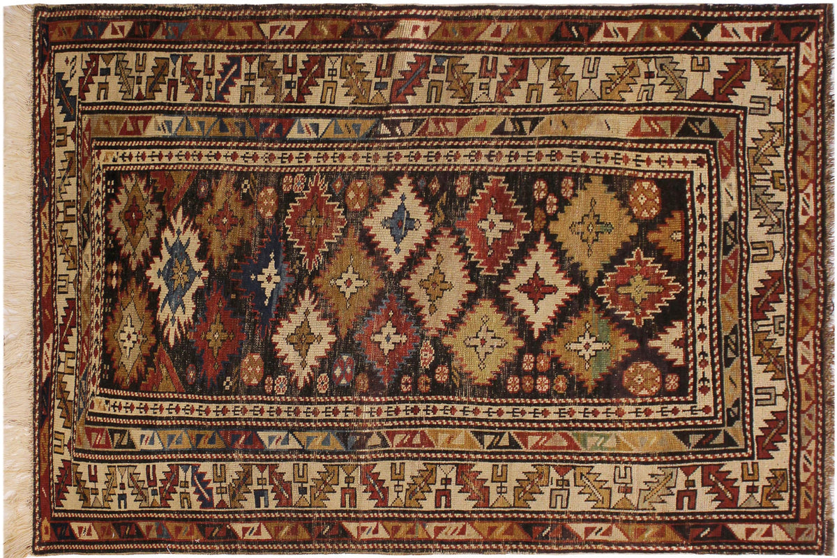 handmade Geometric Antique Kazak Antique Ivory Blue Hand Knotted RECTANGLE 100% WOOL area rug 3x5